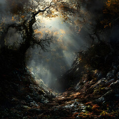 Enchanting Wilderness: Exploring Tranquil Forest Landscapes with Sunlight, Shadows, Vibrant Foliage, Autumn Colors, and Serene Moments of Natural Beauty and Wildlife Adventure