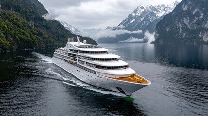 Luxury cruise ship sailing fjord, mountains background, travel brochure