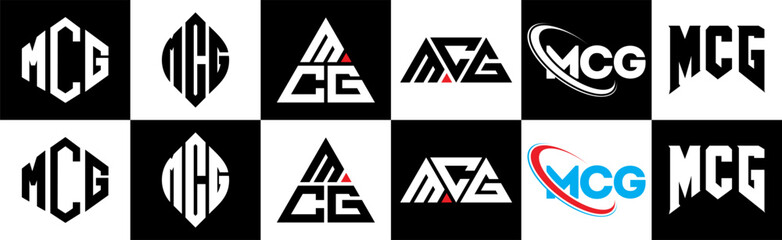 MCG letter logo design in six style. MCG polygon, circle, triangle, hexagon, flat and simple style with black and white color variation letter logo set in one artboard. MCG minimalist and classic logo