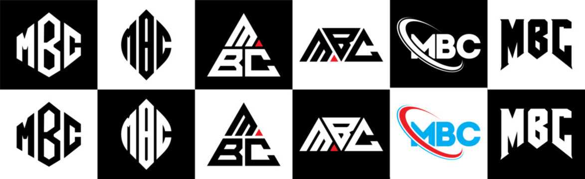 MBC letter logo design in six style. MBC polygon, circle, triangle, hexagon, flat and simple style with black and white color variation letter logo set in one artboard. MBC minimalist and classic logo