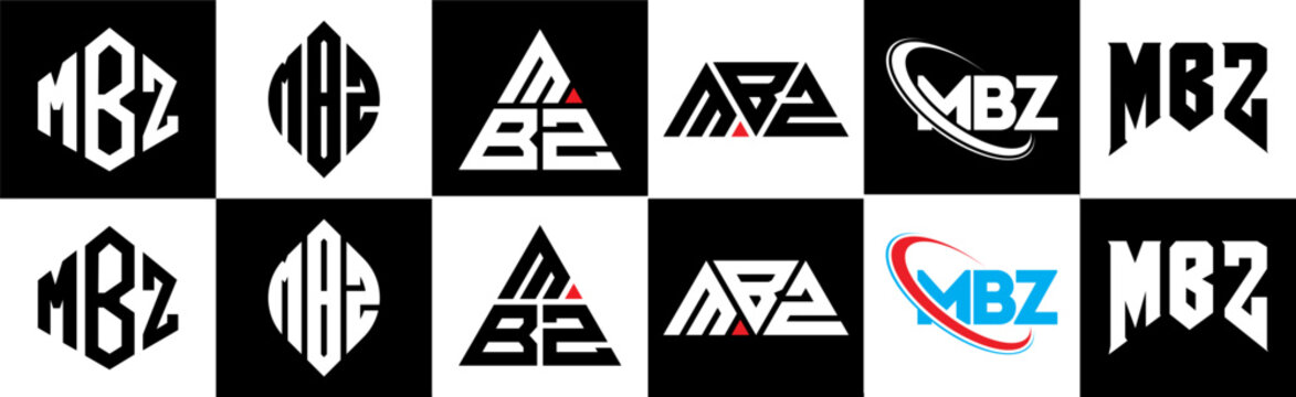MBZ letter logo design in six style. MBZ polygon, circle, triangle, hexagon, flat and simple style with black and white color variation letter logo set in one artboard. MBZ minimalist and classic logo