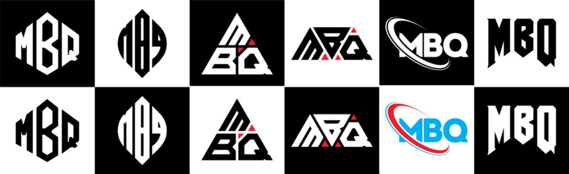 MBQ letter logo design in six style. MBQ polygon, circle, triangle, hexagon, flat and simple style with black and white color variation letter logo set in one artboard. MBQ minimalist and classic logo