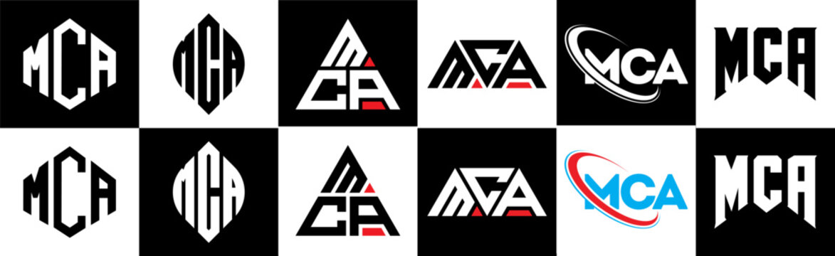 MCA letter logo design in six style. MCA polygon, circle, triangle, hexagon, flat and simple style with black and white color variation letter logo set in one artboard. MCA minimalist and classic logo