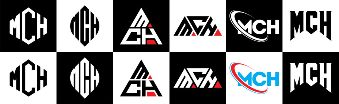MCH letter logo design in six style. MCH polygon, circle, triangle, hexagon, flat and simple style with black and white color variation letter logo set in one artboard. MCH minimalist and classic logo