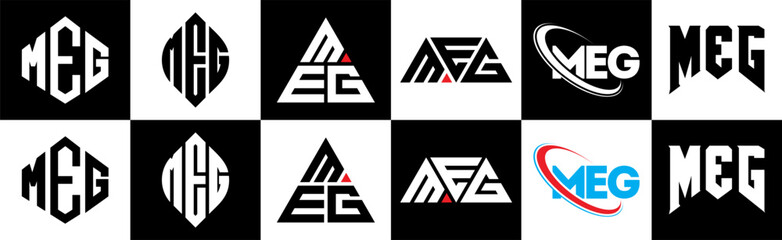 MEG letter logo design in six style. MEG polygon, circle, triangle, hexagon, flat and simple style with black and white color variation letter logo set in one artboard. MEG minimalist and classic logo