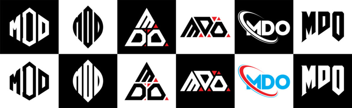 MDO letter logo design in six style. MDO polygon, circle, triangle, hexagon, flat and simple style with black and white color variation letter logo set in one artboard. MDO minimalist and classic logo