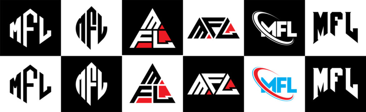 MFL letter logo design in six style. MFL polygon, circle, triangle, hexagon, flat and simple style with black and white color variation letter logo set in one artboard. MFL minimalist and classic logo