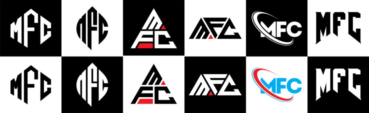 MFC letter logo design in six style. MFC polygon, circle, triangle, hexagon, flat and simple style with black and white color variation letter logo set in one artboard. MFC minimalist and classic logo