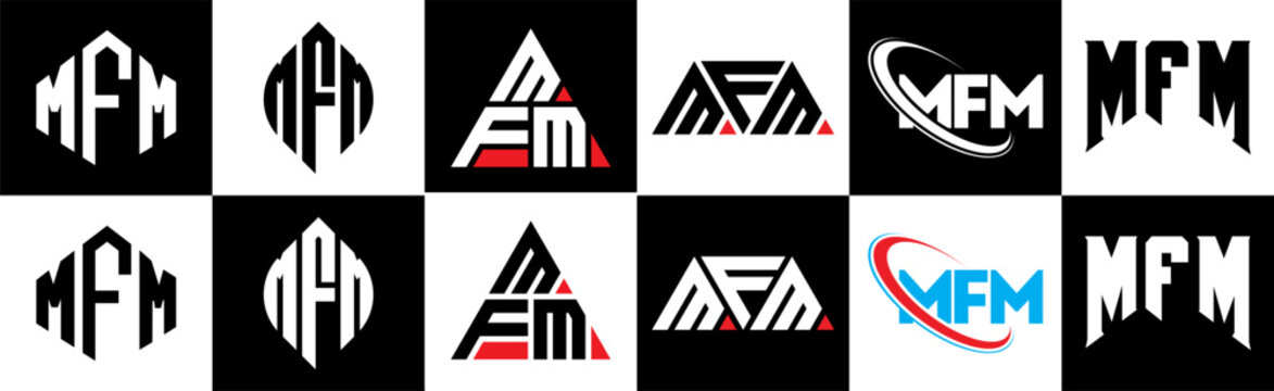 MFM letter logo design in six style. MFM polygon, circle, triangle, hexagon, flat and simple style with black and white color variation letter logo set in one artboard. MFM minimalist and classic logo