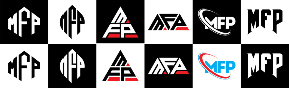 MFP letter logo design in six style. MFP polygon, circle, triangle, hexagon, flat and simple style with black and white color variation letter logo set in one artboard. MFP minimalist and classic logo