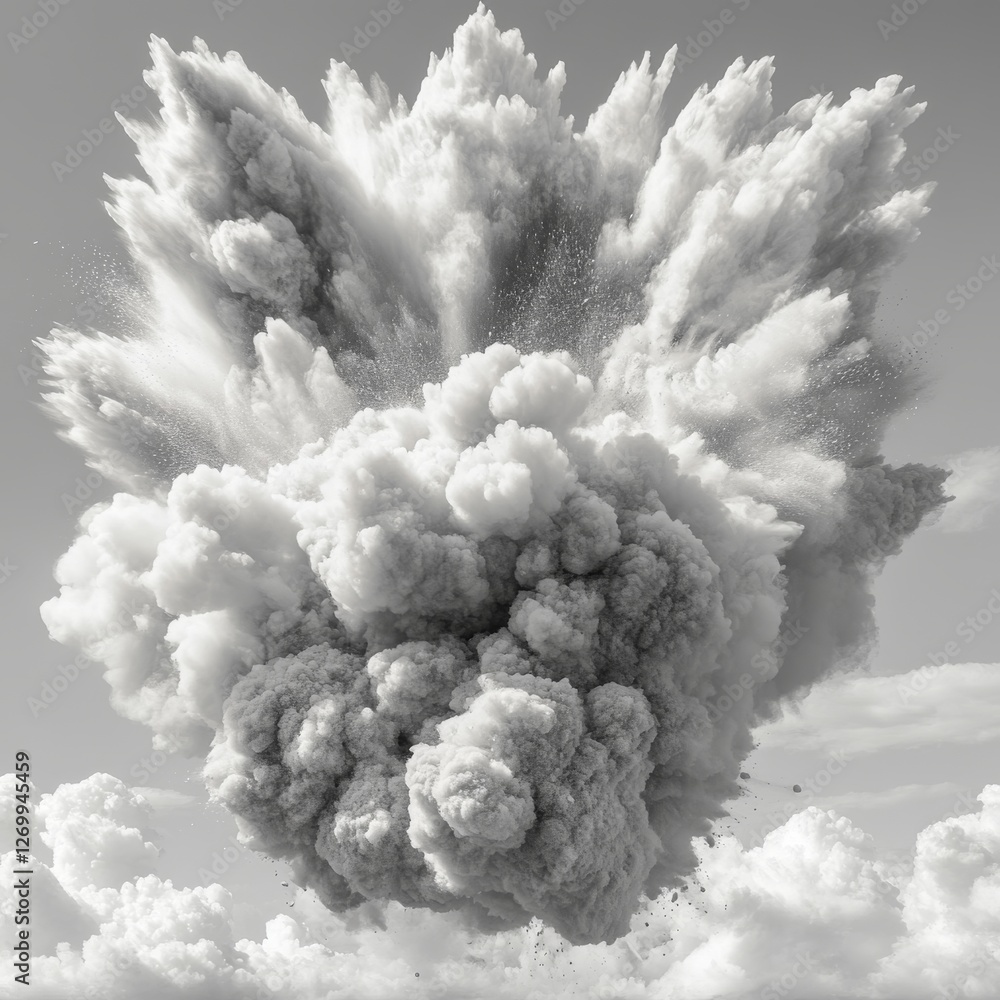 Poster a cloud of black fragments erupts against a gray backdrop, with sharp particles scattering randomly 
