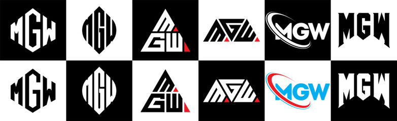 MGW letter logo design in six style. MGW polygon, circle, triangle, hexagon, flat and simple style with black and white color variation letter logo set in one artboard. MGW minimalist and classic logo