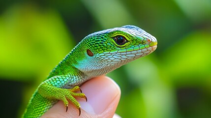 Fototapeta premium Green lizard on the finger, high-resolution stock photography, high-definition realistic photography, highly detailed 