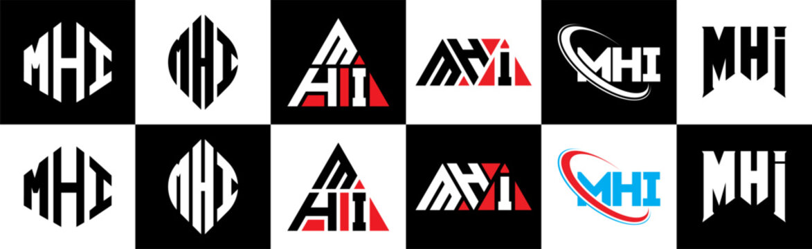MHI letter logo design in six style. MHI polygon, circle, triangle, hexagon, flat and simple style with black and white color variation letter logo set in one artboard. MHI minimalist and classic logo