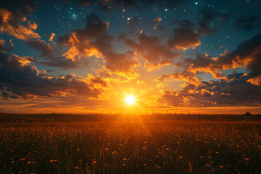 A beautiful landscape with the sun setting over the horizon and wild grasses and wild flowers growing abundantly on the vast plain.