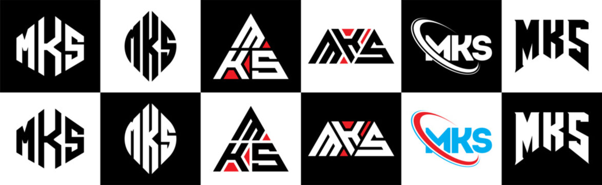 MKS letter logo design in six style. MKS polygon, circle, triangle, hexagon, flat and simple style with black and white color variation letter logo set in one artboard. MKS minimalist and classic logo