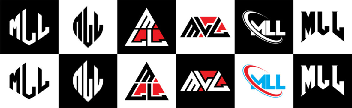 MLL letter logo design in six style. MLL polygon, circle, triangle, hexagon, flat and simple style with black and white color variation letter logo set in one artboard. MLL minimalist and classic logo