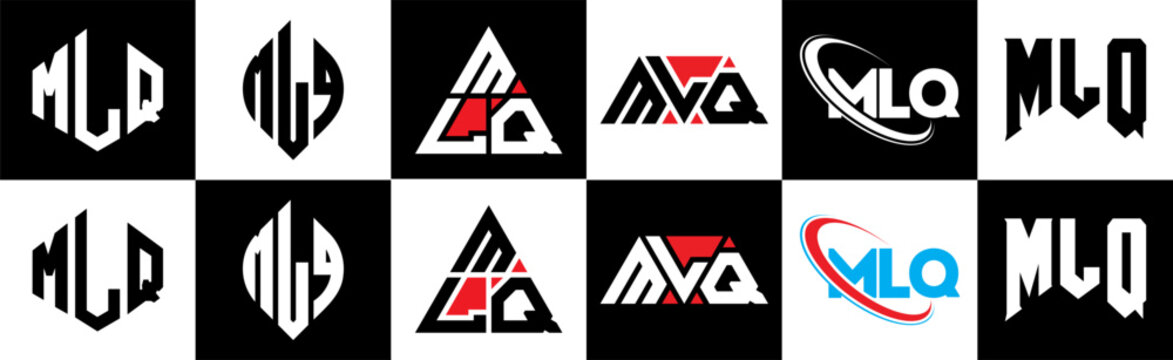 MLQ letter logo design in six style. MLQ polygon, circle, triangle, hexagon, flat and simple style with black and white color variation letter logo set in one artboard. MLQ minimalist and classic logo