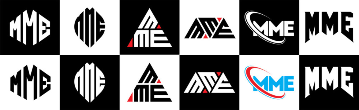 MME letter logo design in six style. MME polygon, circle, triangle, hexagon, flat and simple style with black and white color variation letter logo set in one artboard. MME minimalist and classic logo
