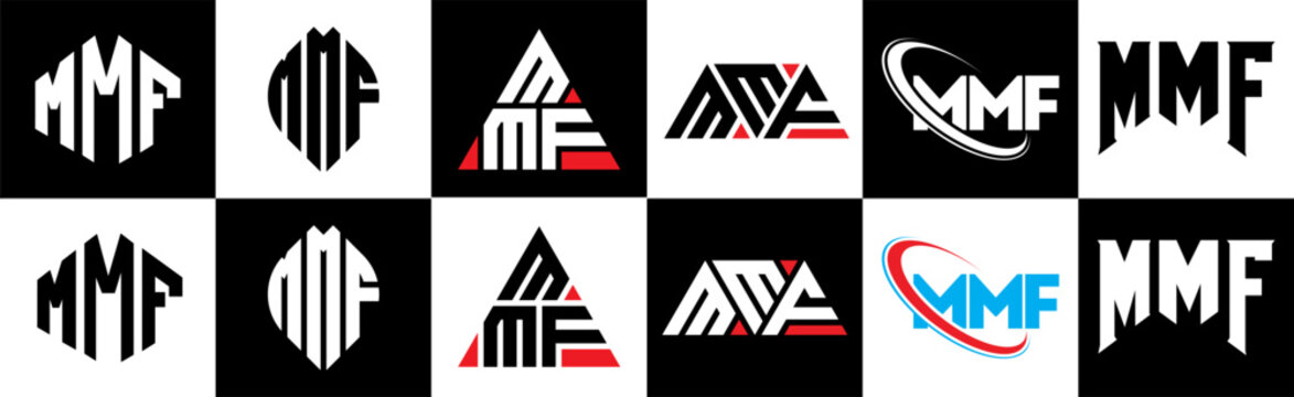 MMF letter logo design in six style. MMF polygon, circle, triangle, hexagon, flat and simple style with black and white color variation letter logo set in one artboard. MMF minimalist and classic logo