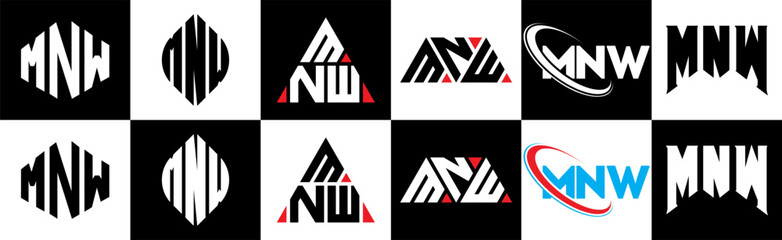 MNW letter logo design in six style. MNW polygon, circle, triangle, hexagon, flat and simple style with black and white color variation letter logo set in one artboard. MNW minimalist and classic logo