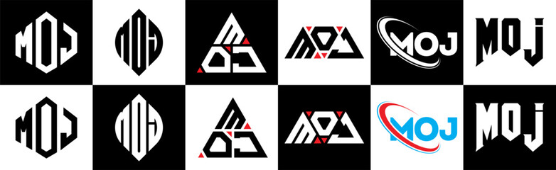 MOJ letter logo design in six style. MOJ polygon, circle, triangle, hexagon, flat and simple style with black and white color variation letter logo set in one artboard. MOJ minimalist and classic logo