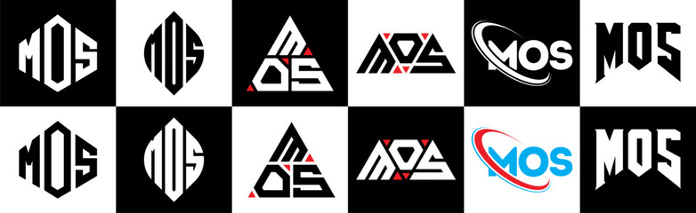MOS letter logo design in six style. MOS polygon, circle, triangle, hexagon, flat and simple style with black and white color variation letter logo set in one artboard. MOS minimalist and classic logo