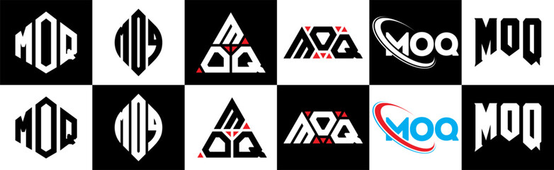 MOQ letter logo design in six style. MOQ polygon, circle, triangle, hexagon, flat and simple style with black and white color variation letter logo set in one artboard. MOQ minimalist and classic logo