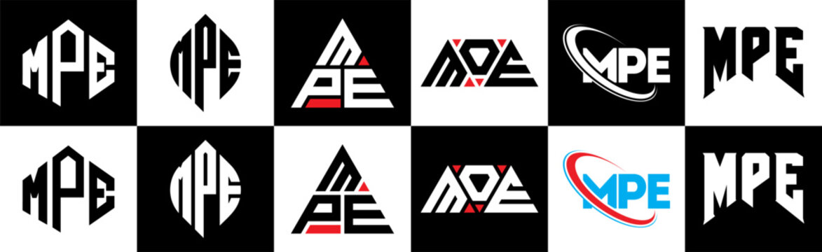 MPE letter logo design in six style. MPE polygon, circle, triangle, hexagon, flat and simple style with black and white color variation letter logo set in one artboard. MPE minimalist and classic logo