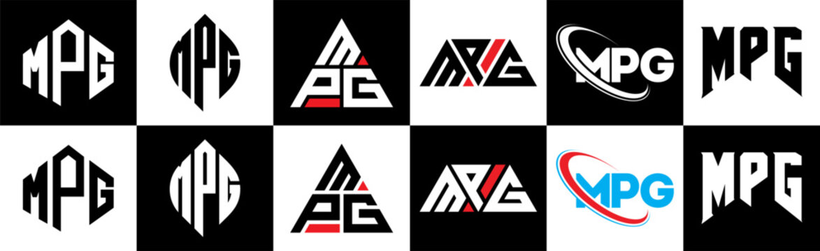MPG letter logo design in six style. MPG polygon, circle, triangle, hexagon, flat and simple style with black and white color variation letter logo set in one artboard. MPG minimalist and classic logo