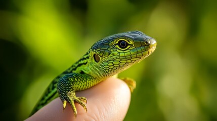 Fototapeta premium Green lizard on the finger, high-resolution stock photography, high-definition realistic photography, highly detailed 
