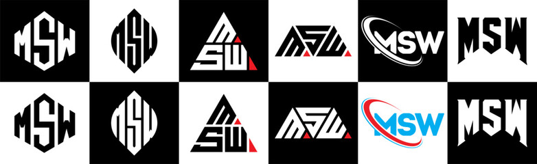 MSW letter logo design in six style. MSW polygon, circle, triangle, hexagon, flat and simple style with black and white color variation letter logo set in one artboard. MSW minimalist and classic logo