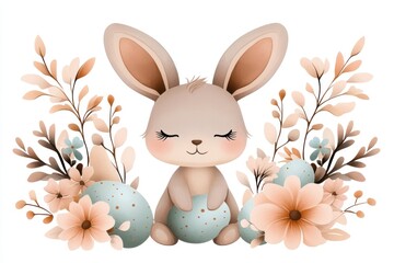 Fototapeta premium Cute easter bunny surrounded by flowers and pastel eggs