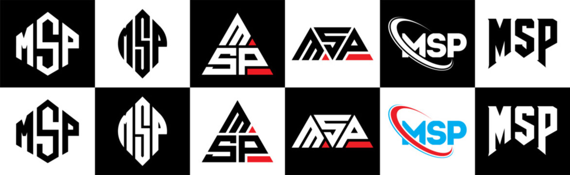 MSP letter logo design in six style. MSP polygon, circle, triangle, hexagon, flat and simple style with black and white color variation letter logo set in one artboard. MSP minimalist and classic logo