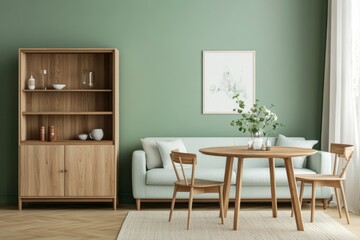 Fototapeta premium Scandinavian home interior design of modern living room in muted mint pastel colors