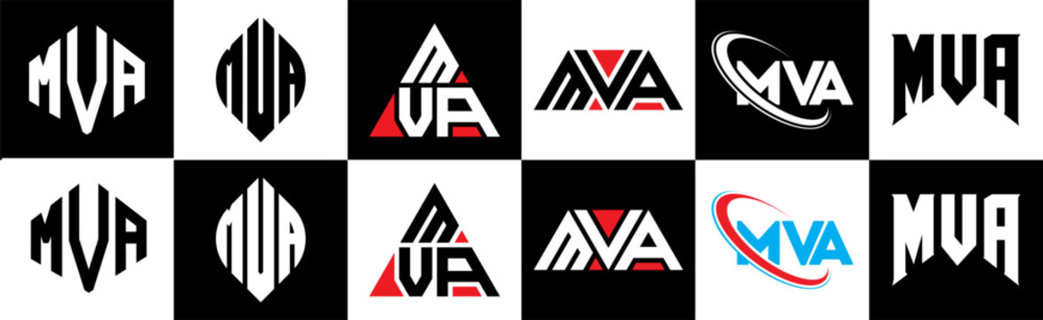 MVA letter logo design in six style. MVA polygon, circle, triangle, hexagon, flat and simple style with black and white color variation letter logo set in one artboard. MVA minimalist and classic logo