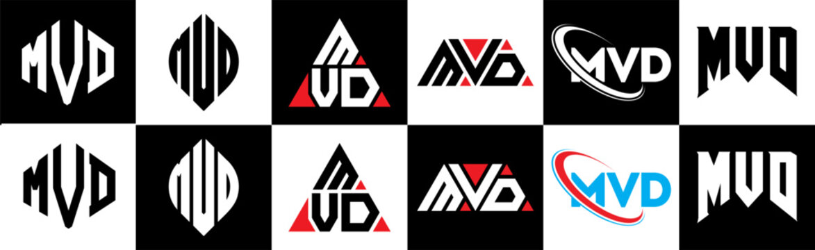 MVD letter logo design in six style. MVD polygon, circle, triangle, hexagon, flat and simple style with black and white color variation letter logo set in one artboard. MVD minimalist and classic logo