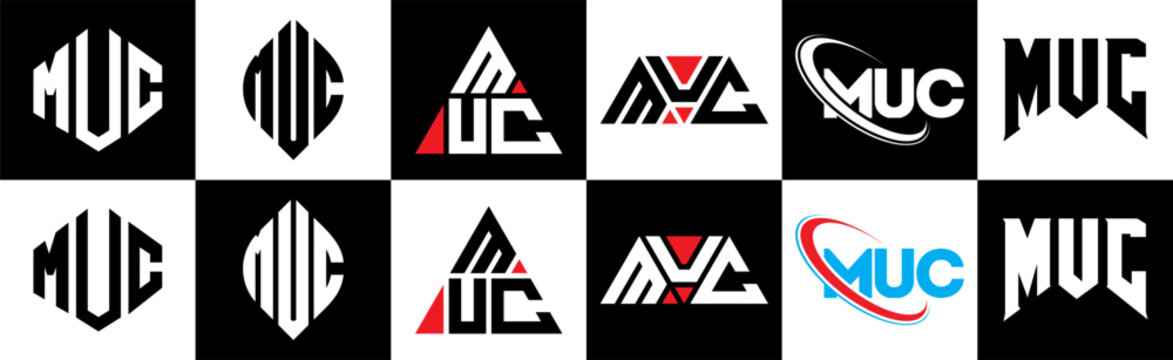 MUC letter logo design in six style. MUC polygon, circle, triangle, hexagon, flat and simple style with black and white color variation letter logo set in one artboard. MUC minimalist and classic logo