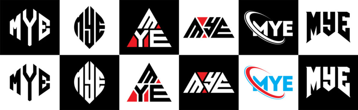 MYE letter logo design in six style. MYE polygon, circle, triangle, hexagon, flat and simple style with black and white color variation letter logo set in one artboard. MYE minimalist and classic logo