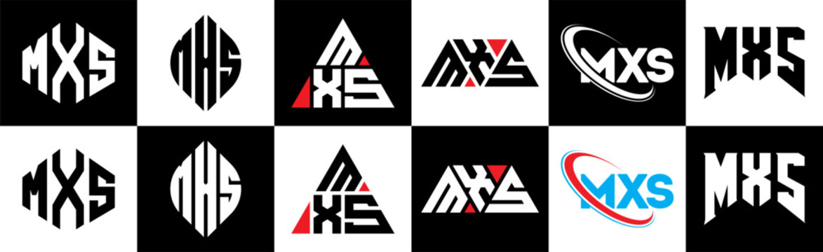 MXS letter logo design in six style. MXS polygon, circle, triangle, hexagon, flat and simple style with black and white color variation letter logo set in one artboard. MXS minimalist and classic logo