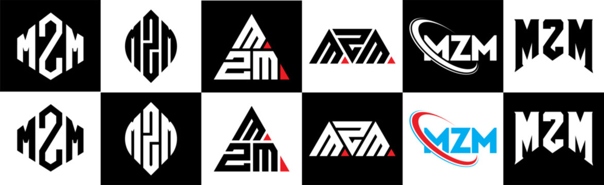 MZM letter logo design in six style. MZM polygon, circle, triangle, hexagon, flat and simple style with black and white color variation letter logo set in one artboard. MZM minimalist and classic logo
