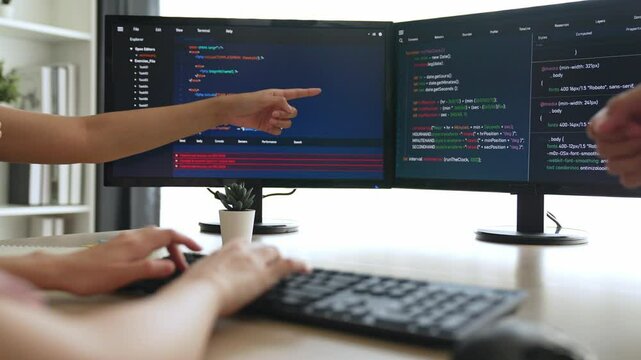 Slow motion back end software developer engineer for computer programming working together on debugging writing computing code, solving complex algorithms display on monitor in office. Burgeoning