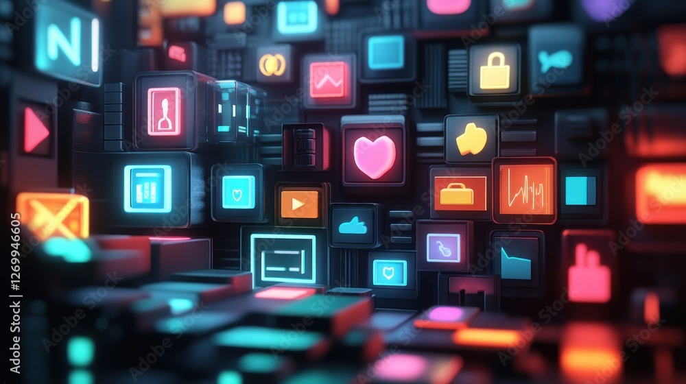 Poster neon icons: abstract data representation with glowing app icons