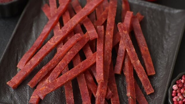 Jerky dried fish sticks with salt and spices on a dark concrete background
