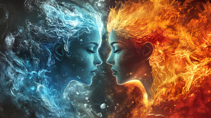 Embodiment of fire and ice a dual nature elemental being. Cosmic River Gods. Illustration