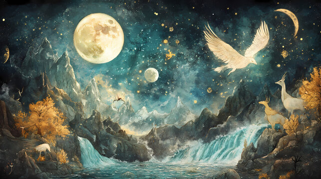 Embracing the enchantment of nordic myths and natural divinity. Cosmic River Gods. Illustration