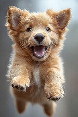 This photo captures the moment a cute pet golden retriever with long, fluffy brown fur runs towards you on a blank gray background.