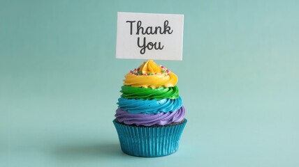 Colorful layered cupcake with a thank you sign on top