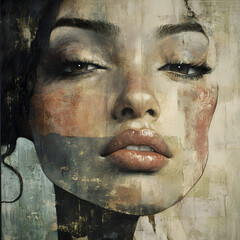 Captivating Portrait Art: Exploring Beauty, Expression, Texture, Color, and Emotion in Modern Mixed Media Painting with Striking Detail and Elegant Depth