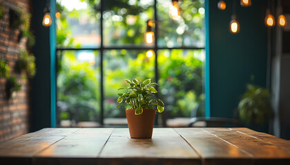 Fototapeta premium Rustic wooden table in cozy cafe interior with warm lighting and greenery